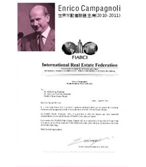 Photo and Congratulatory Letter of Mr. Enrico Campagnoli, World President of FIABCI